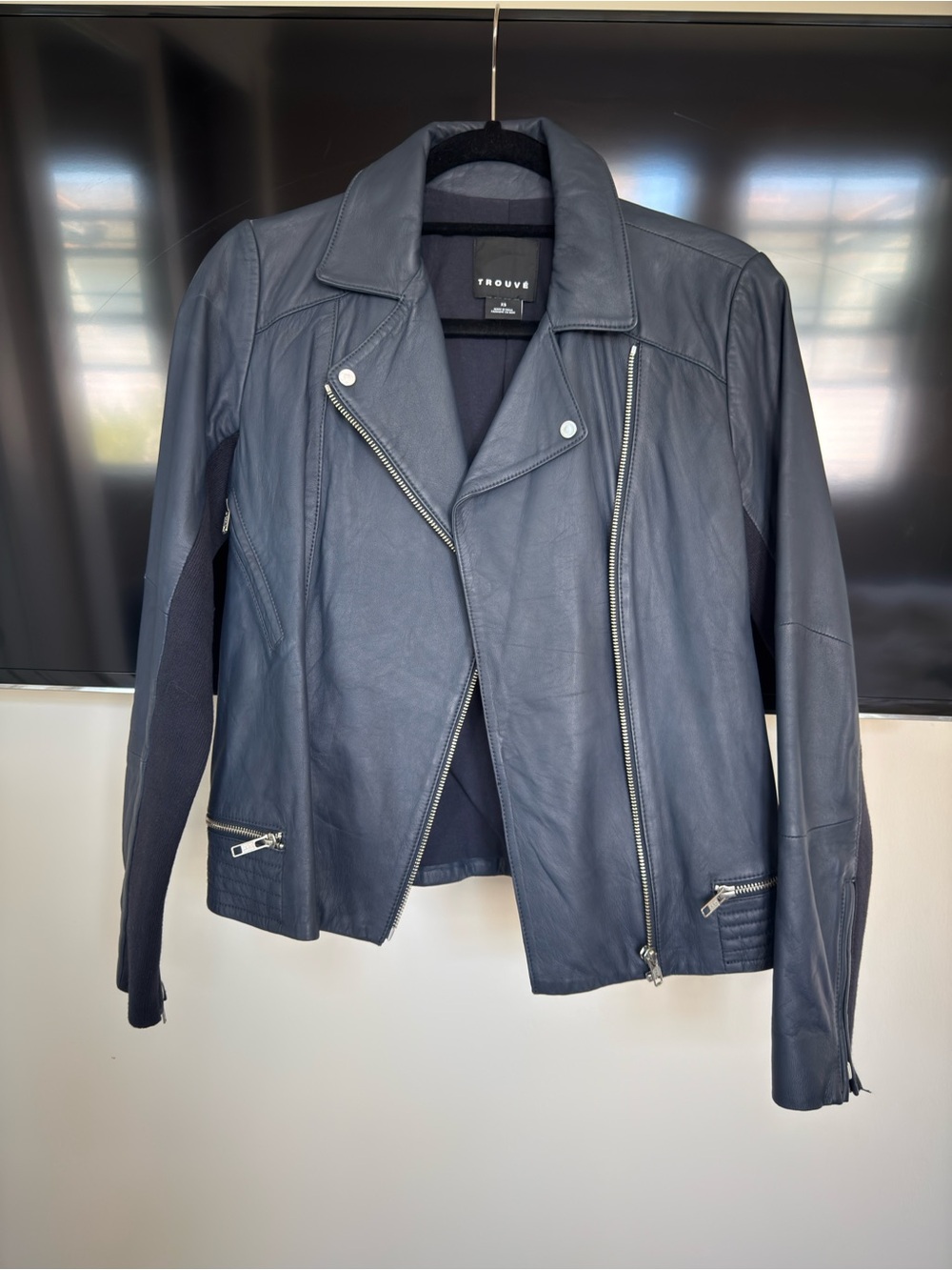 Trouve Navy Leather Moto Jacket with Zip Details